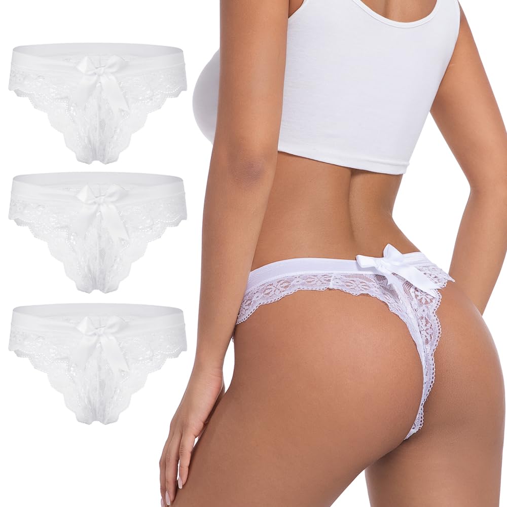 sasiga Women Lace Bow Thongs,T Back Low Waist Panties Sexy V-Shape Design Floral Lace,Breathable Panties for Women 3-Pack