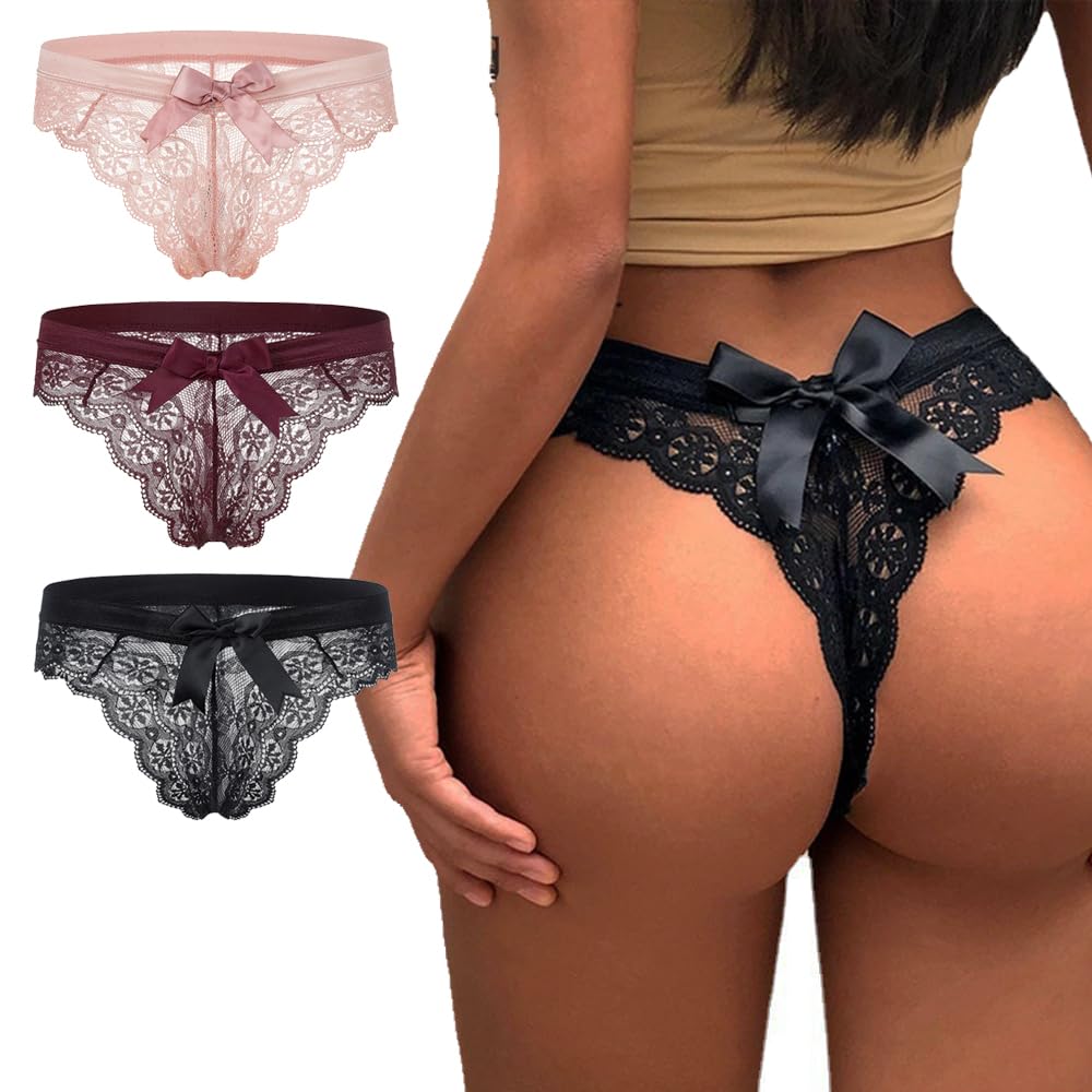 sasiga Women Lace Bow Thongs,T Back Low Waist Panties Sexy V-Shape Design Floral Lace,Breathable Panties for Women 3-Pack