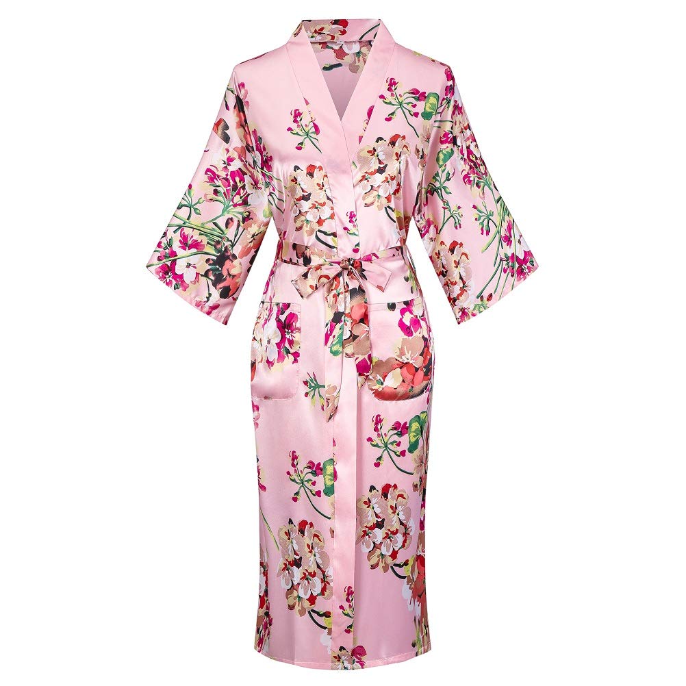 Kimono de Satén Floral Largo - Bata Elegante para Descanso
