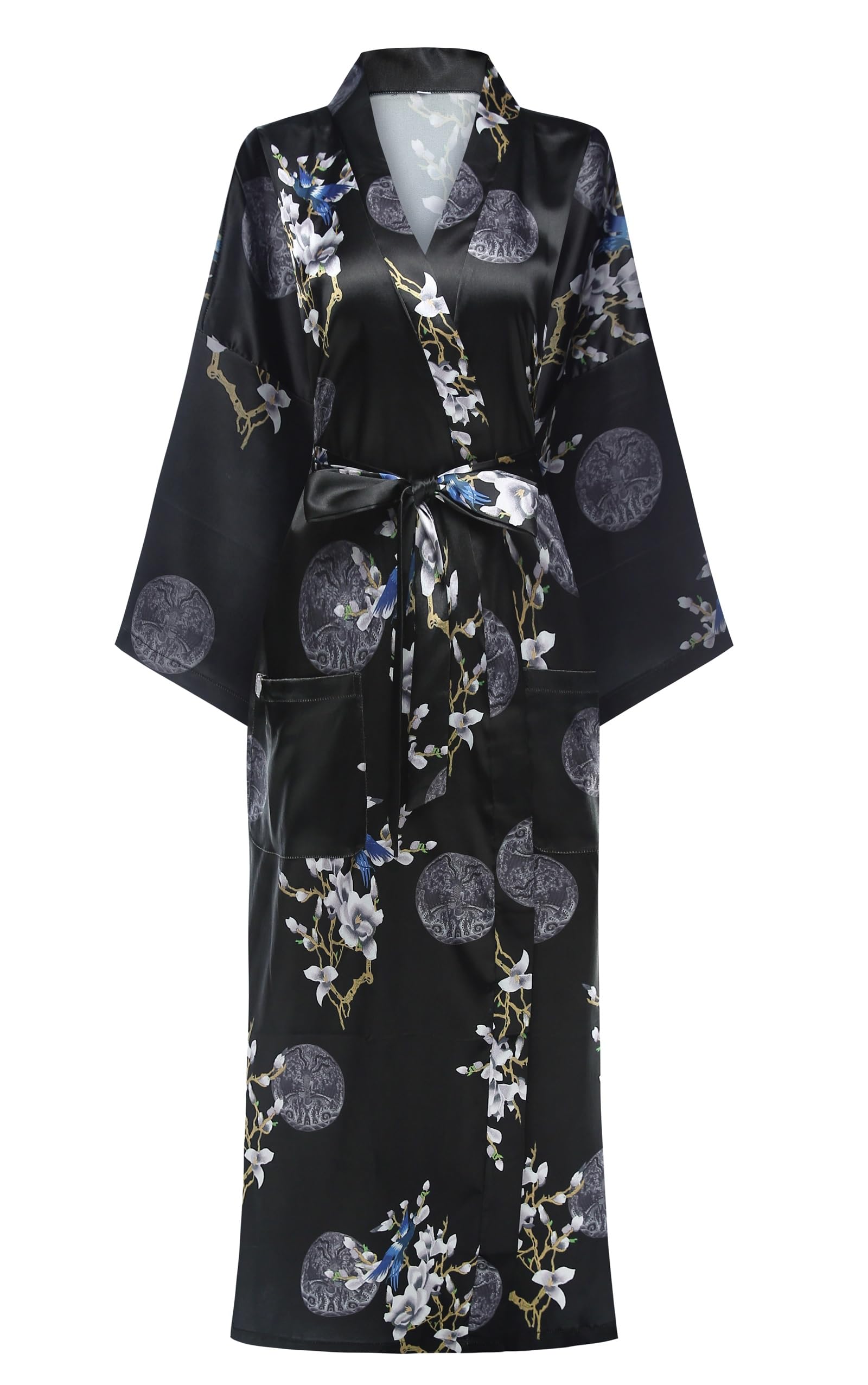 Kimono de Satén Floral Largo - Bata Elegante para Descanso