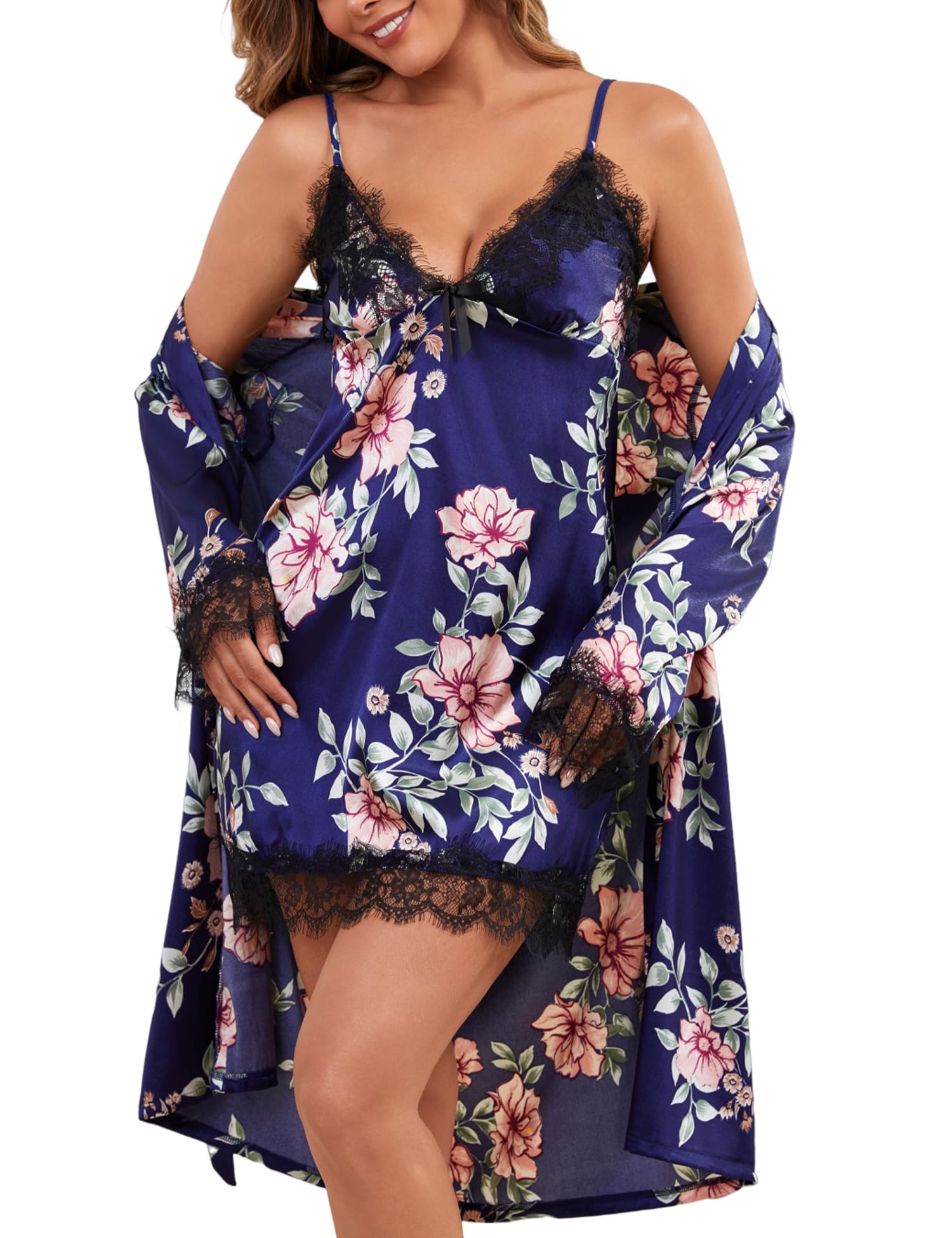 Conjunto de Lencería de Seda 2 Piezas - Bata y Camisón