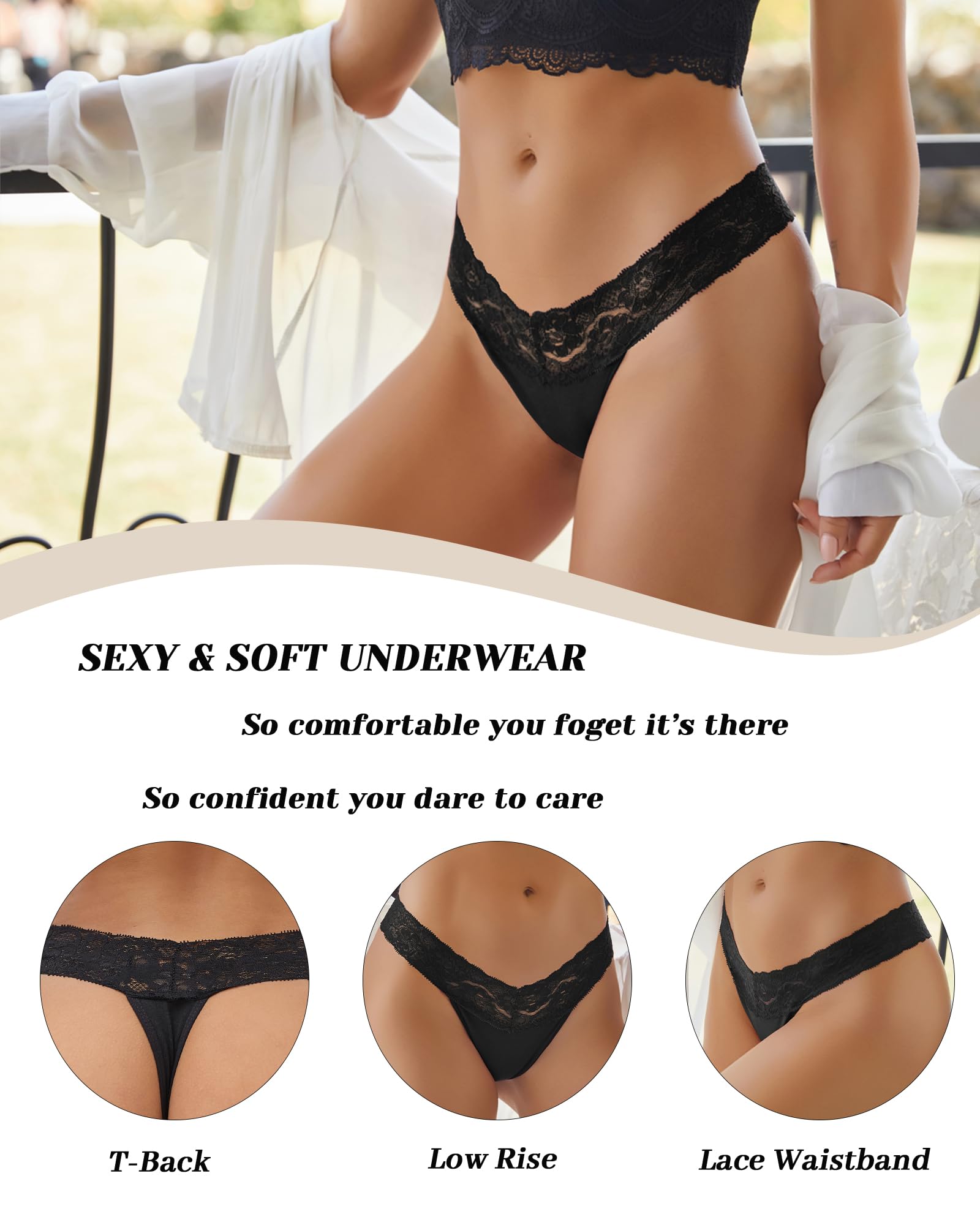 READY TO LOVE Cotton Underwear for Women Lace Sexy Breathable Thongs Low Rise T-Back Soft Stretchy Ladies Panties