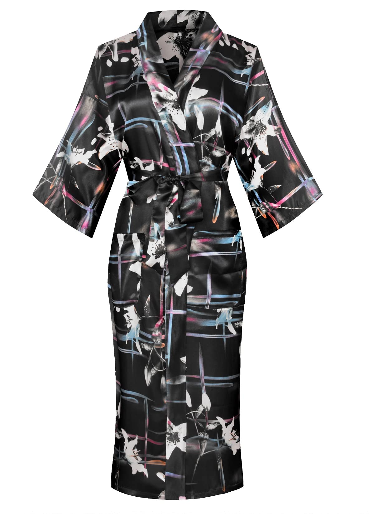 Kimono de Satén Floral Largo - Bata Elegante para Descanso