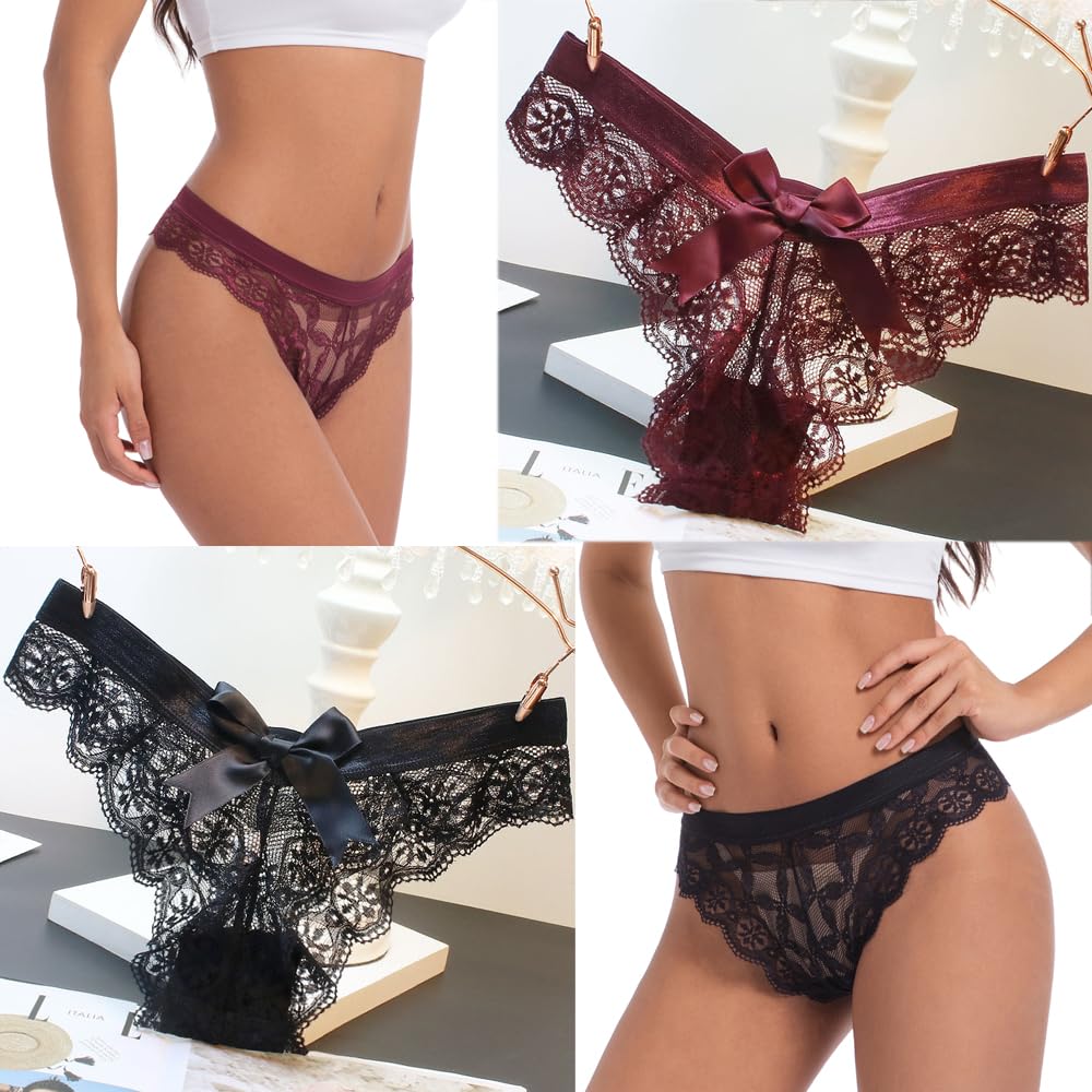 sasiga Women Lace Bow Thongs,T Back Low Waist Panties Sexy V-Shape Design Floral Lace,Breathable Panties for Women 3-Pack
