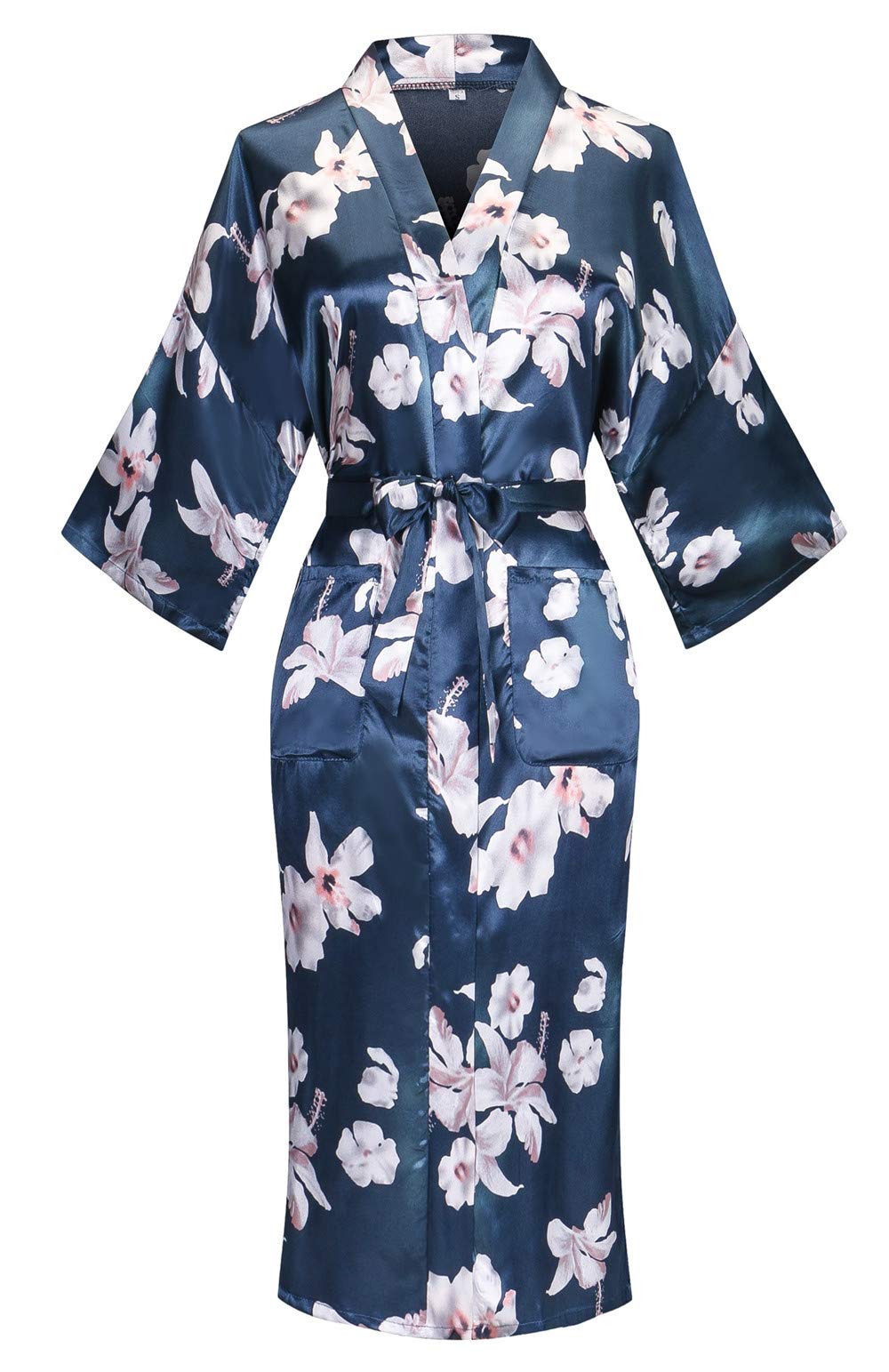 Kimono de Satén Floral Largo - Bata Elegante para Descanso