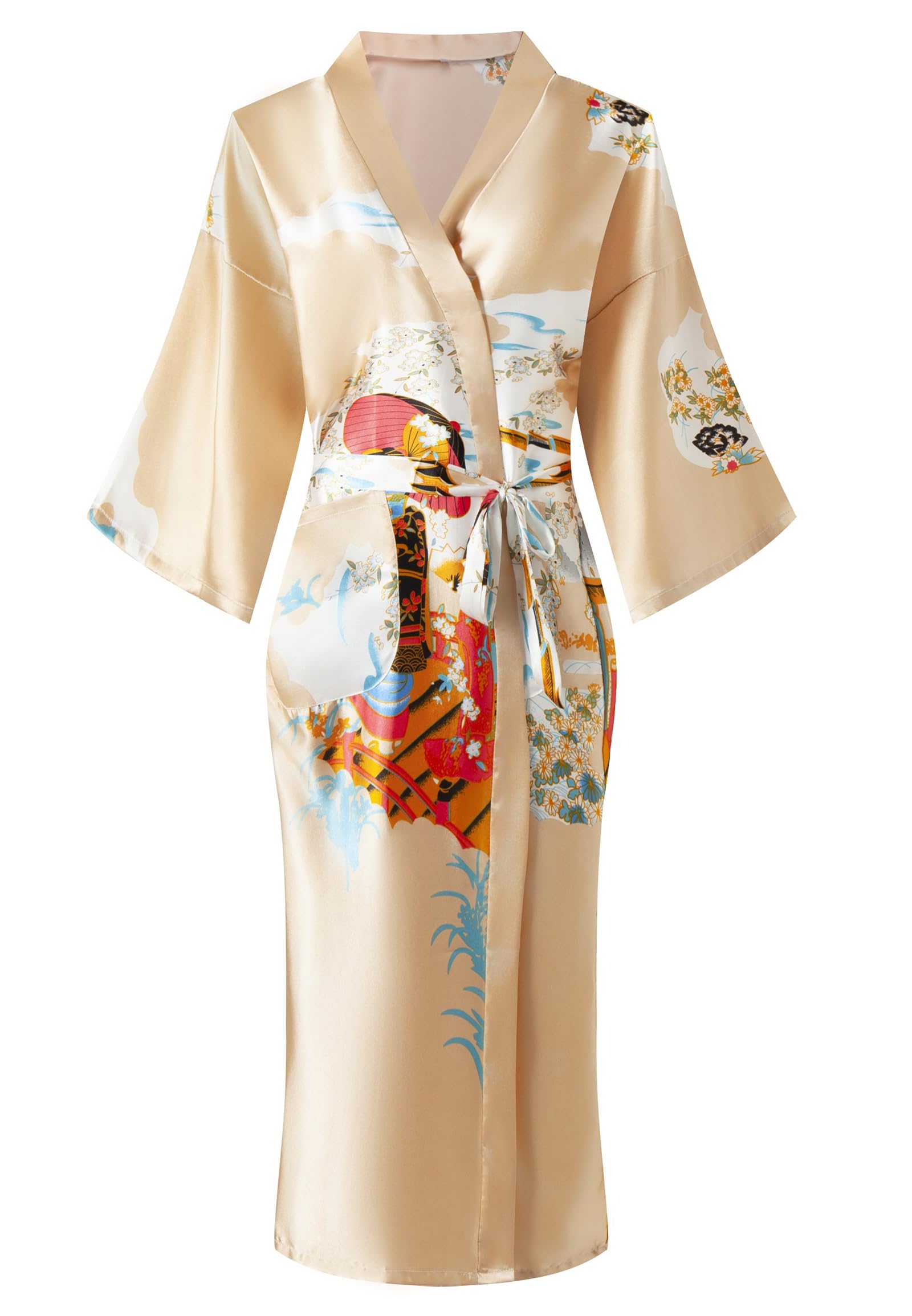 Kimono de Satén Floral Largo - Bata Elegante para Descanso