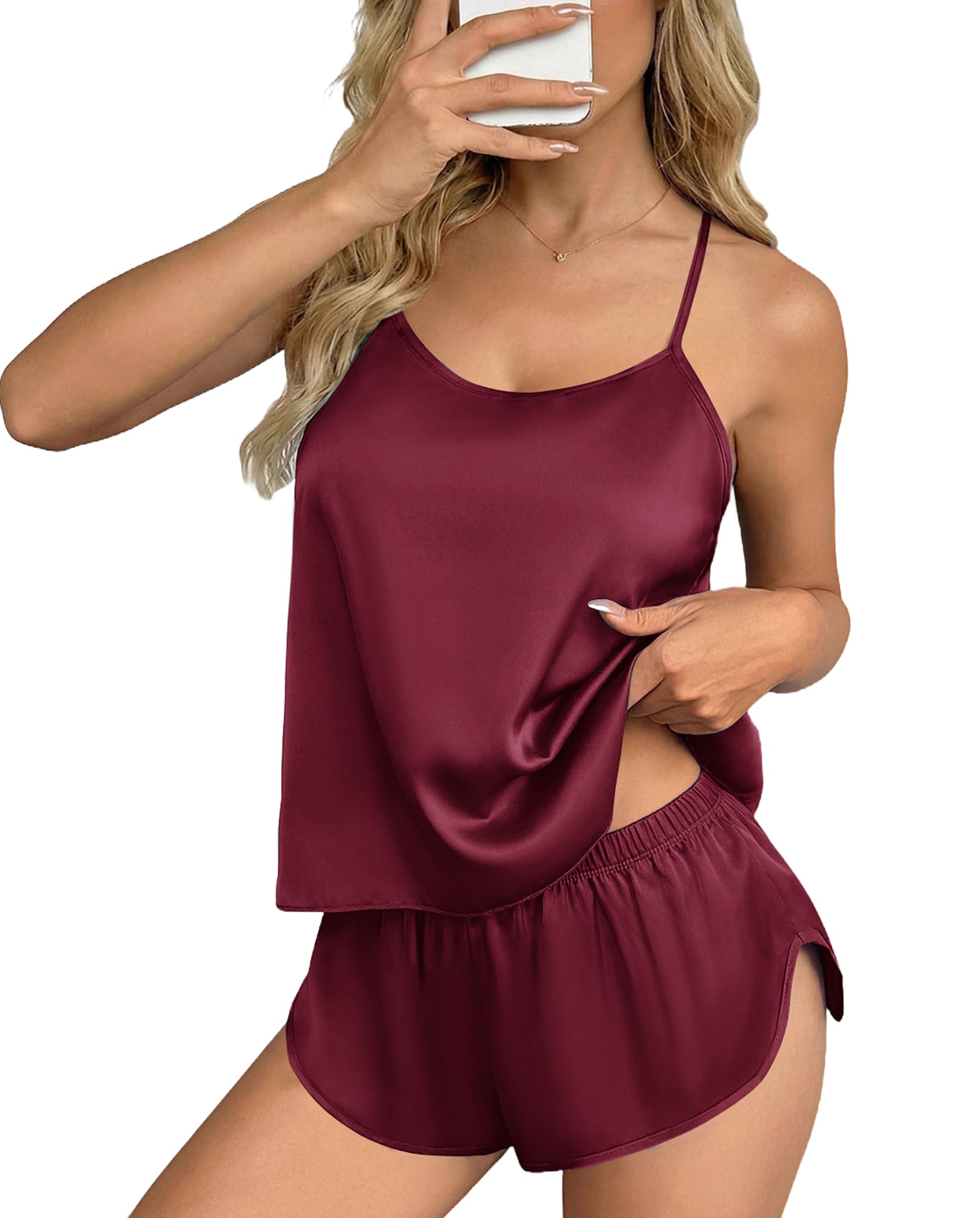 Ekouaer Silk Pajamas Set for Women Satin Backless Lingerie Pjs Cami Top and Shorts Nightwear