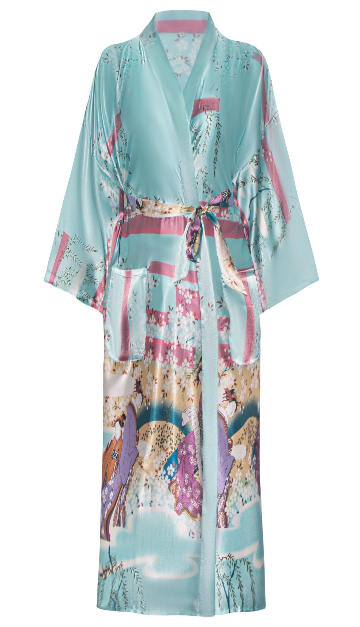 Kimono de Satén Floral Largo - Bata Elegante para Descanso