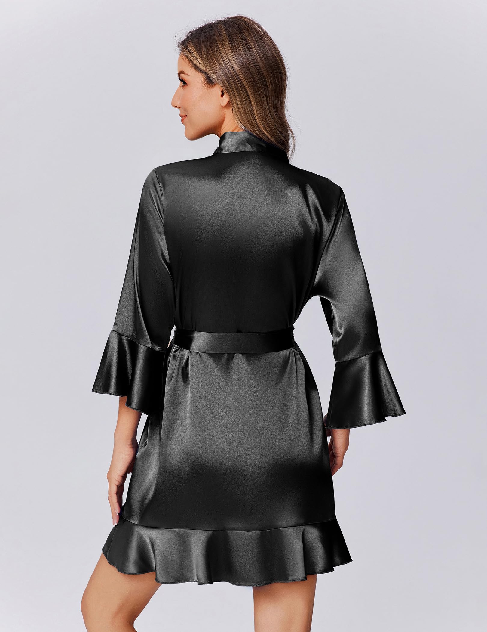 Bata de Satén Ekouaer - Kimono Corto con Volantes XS-XXL