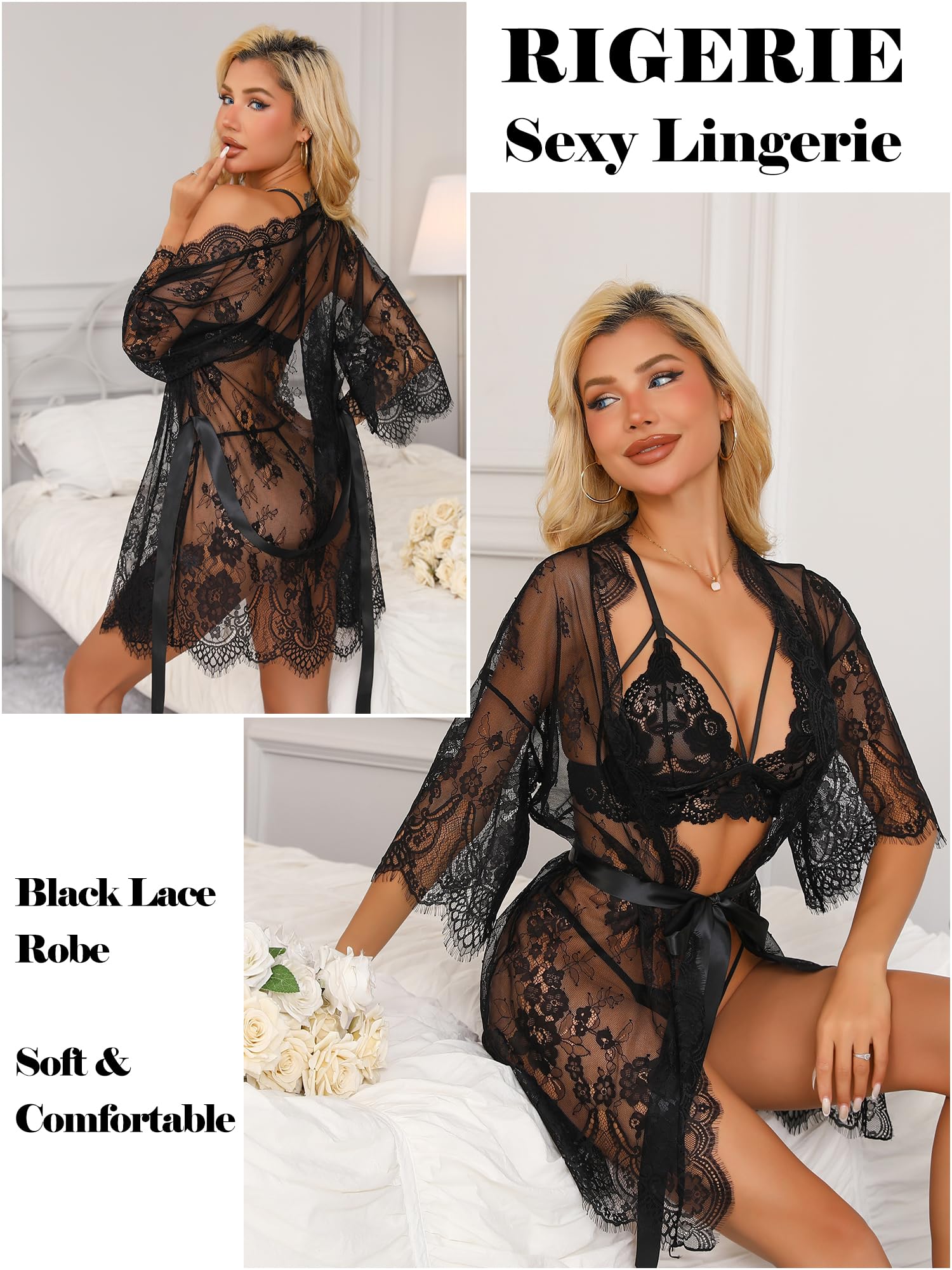 Kimono de Encaje Transparente con Camisón - Set 2 Piezas