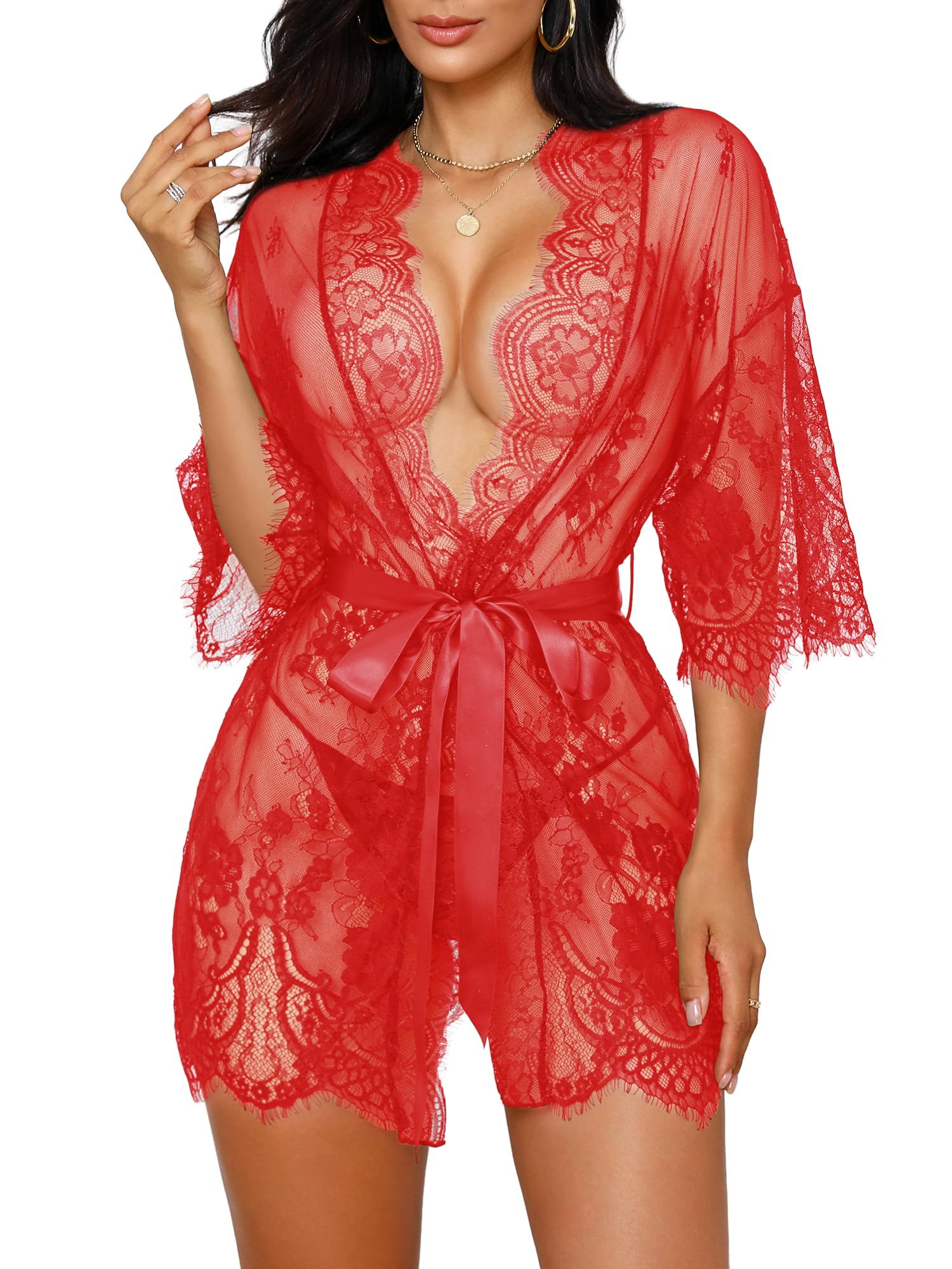 Kimono de Encaje Transparente con Camisón - Set 2 Piezas