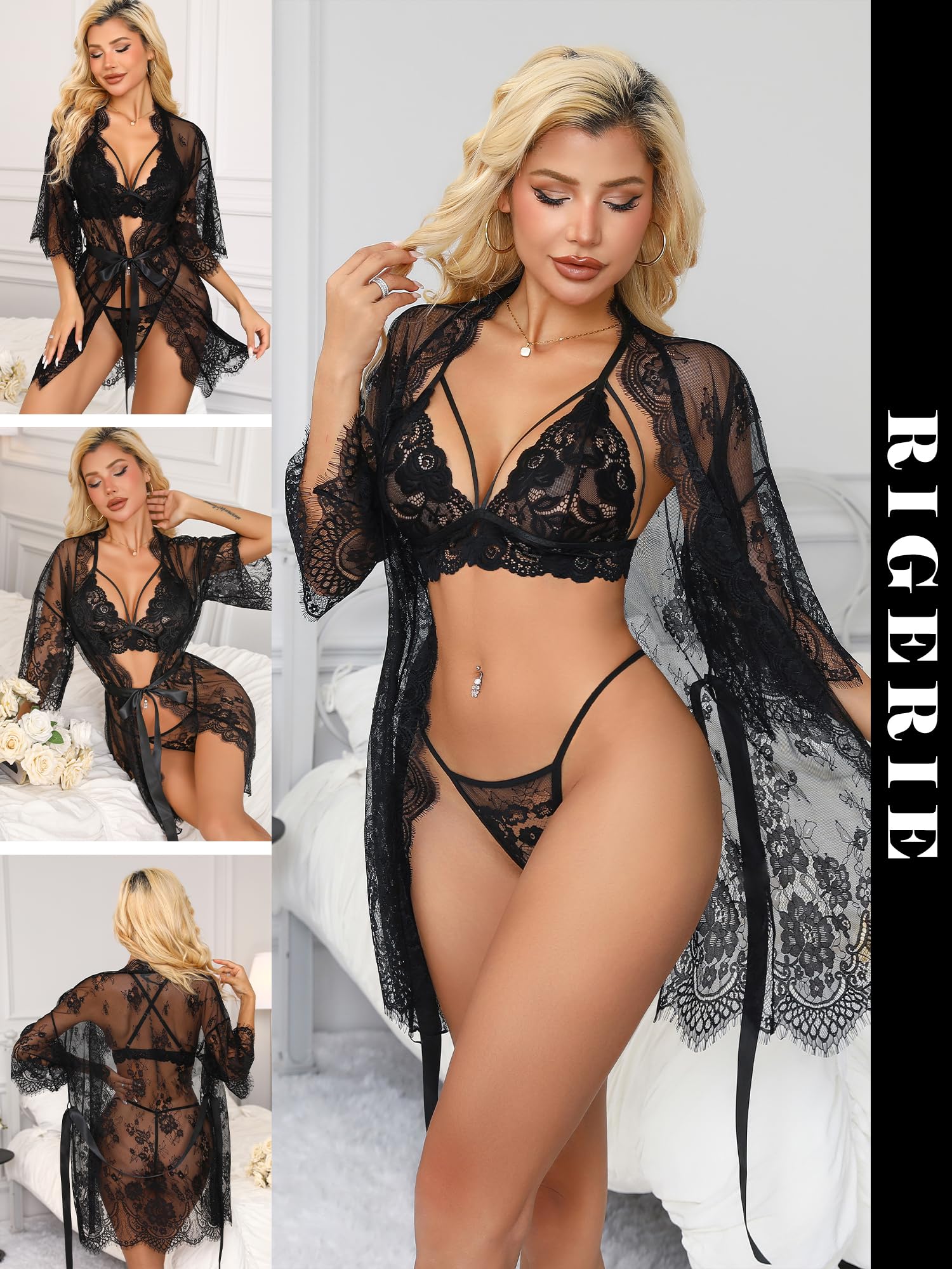 Kimono de Encaje Transparente con Camisón - Set 2 Piezas