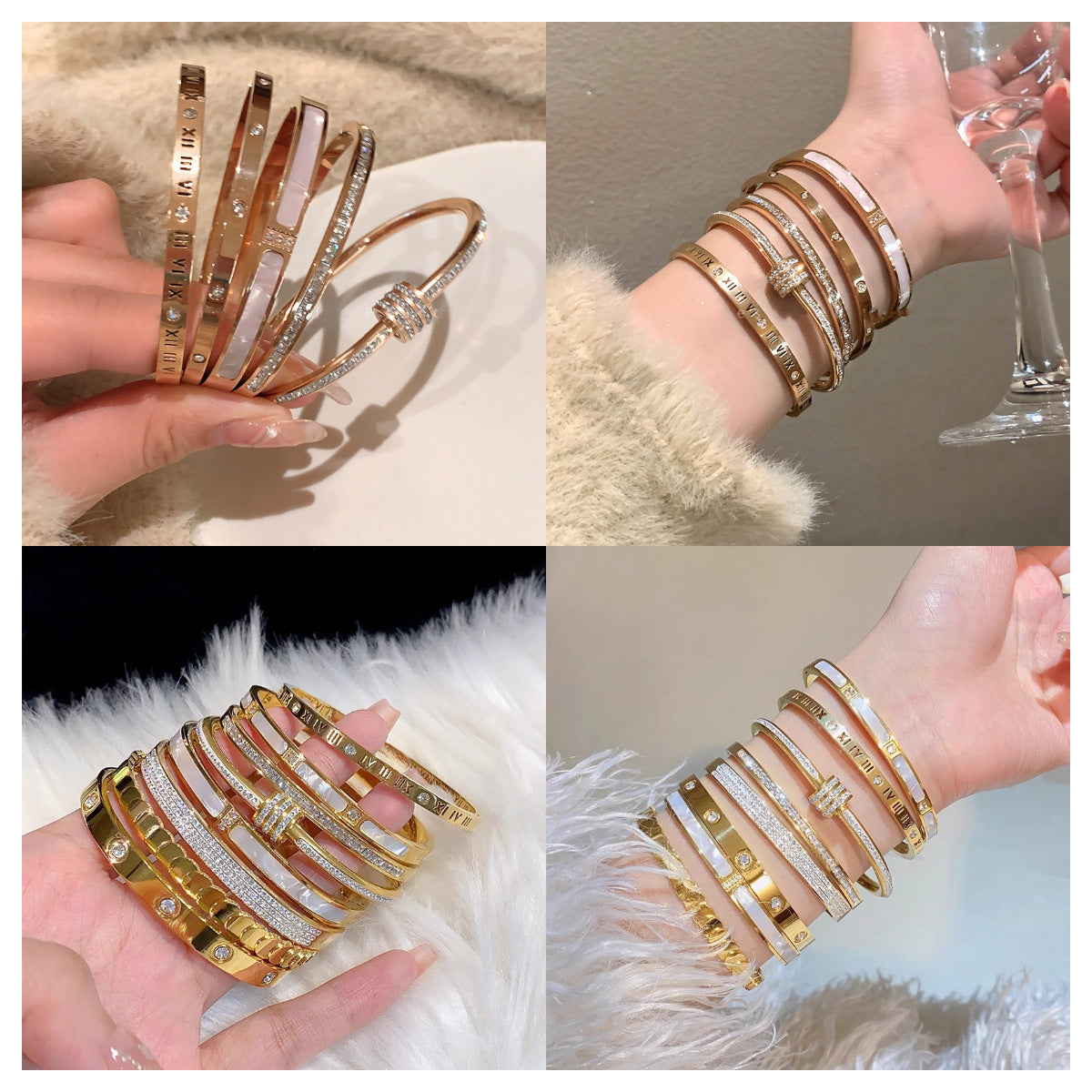 El brazalete de acero de titanio no se desvanece las estrellas de la pulsera plateada chicas versátiles versátiles de acero inoxidable de diamante de moda de alta gama