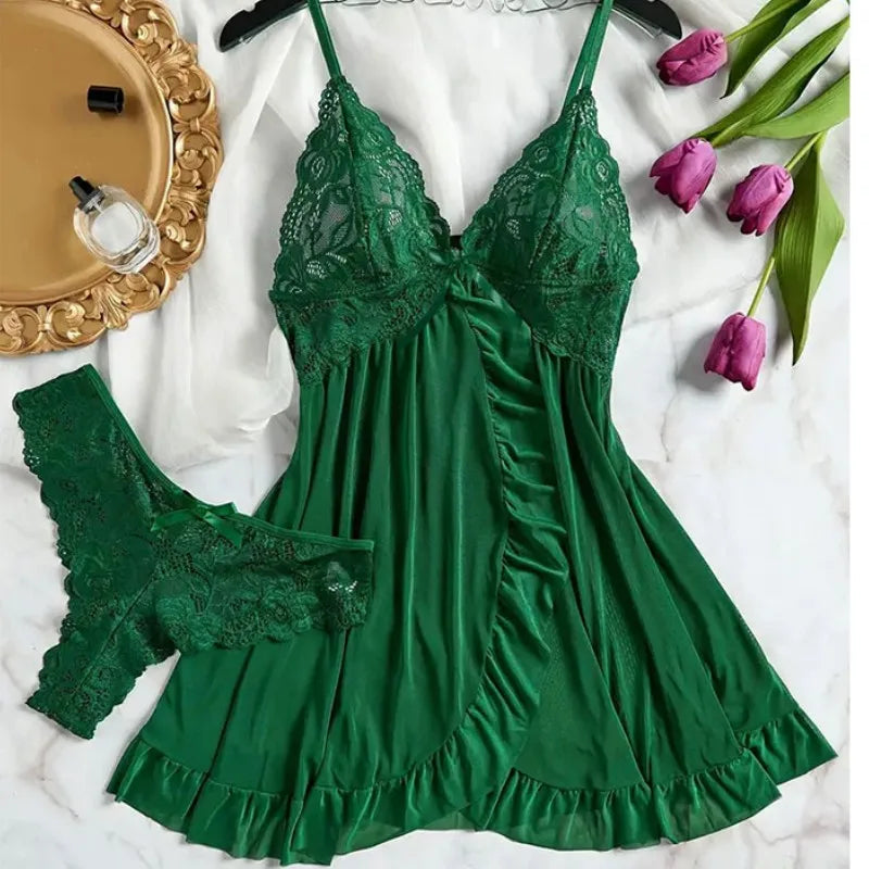 Conjunto de Lencería Azul con Encaje - Mini Vestido y Tanga Transparente